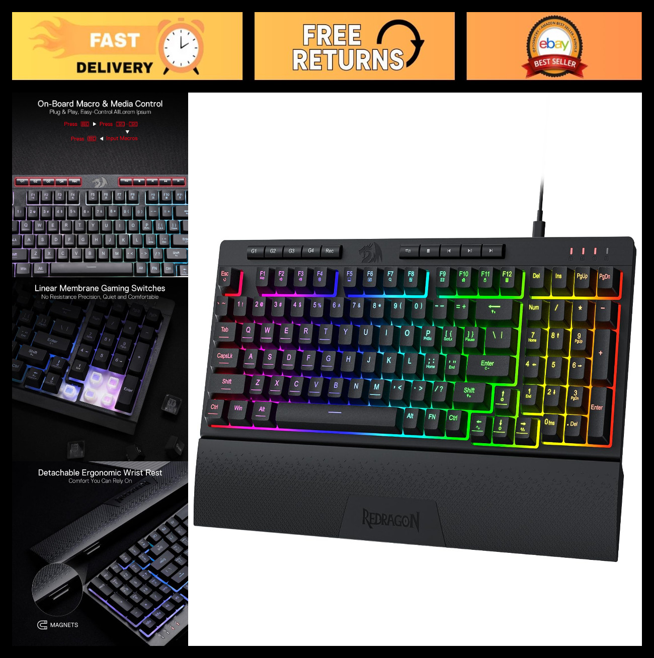 RGB Wired Gaming Keyboard, 98 Keys Mechanical-Feel, Macro & Multimedia Keys, Det