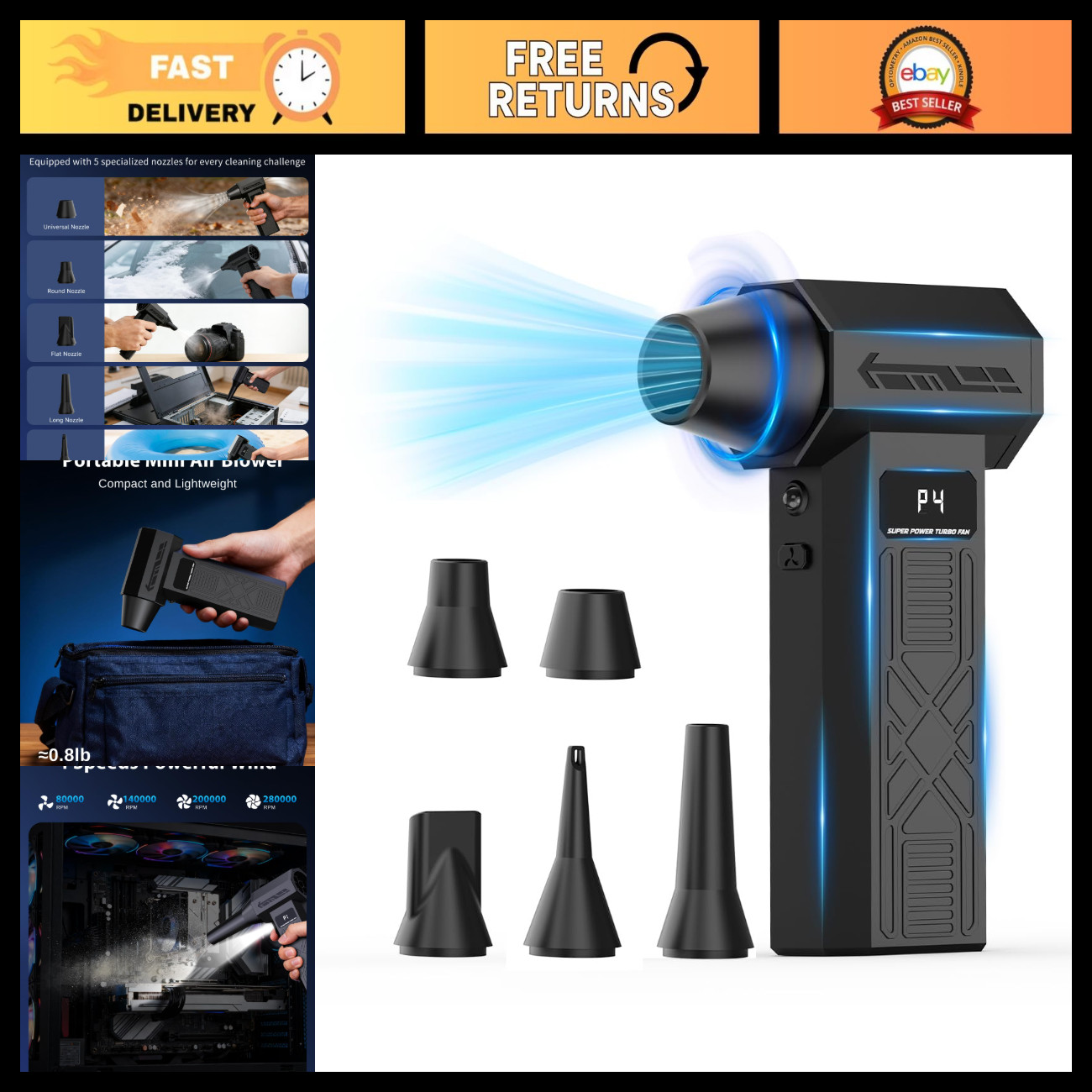 High-Power Compressed Air Duster, 280,000 RPM Handheld Blower, 4 Speed Settings
