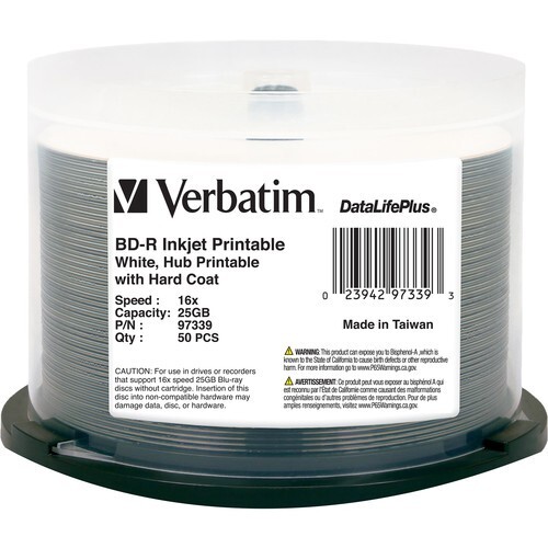 50 VERBATIM Blu-Ray 16X BD-R 25GB DataLifePlus White Inkjet Hub Printable 97339