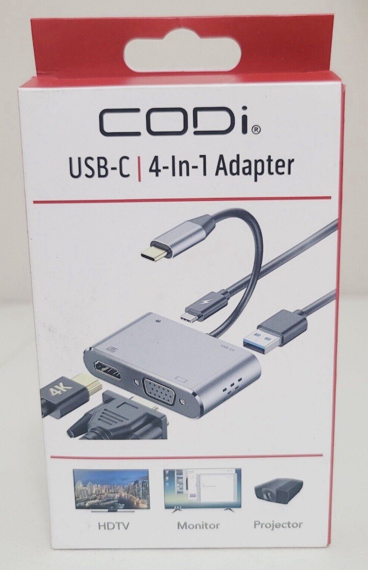 CODi 4-In-1 USB-C Display Adapter HDMI VGA, USB-C PD USB-A 3.0 A01063M Brand New