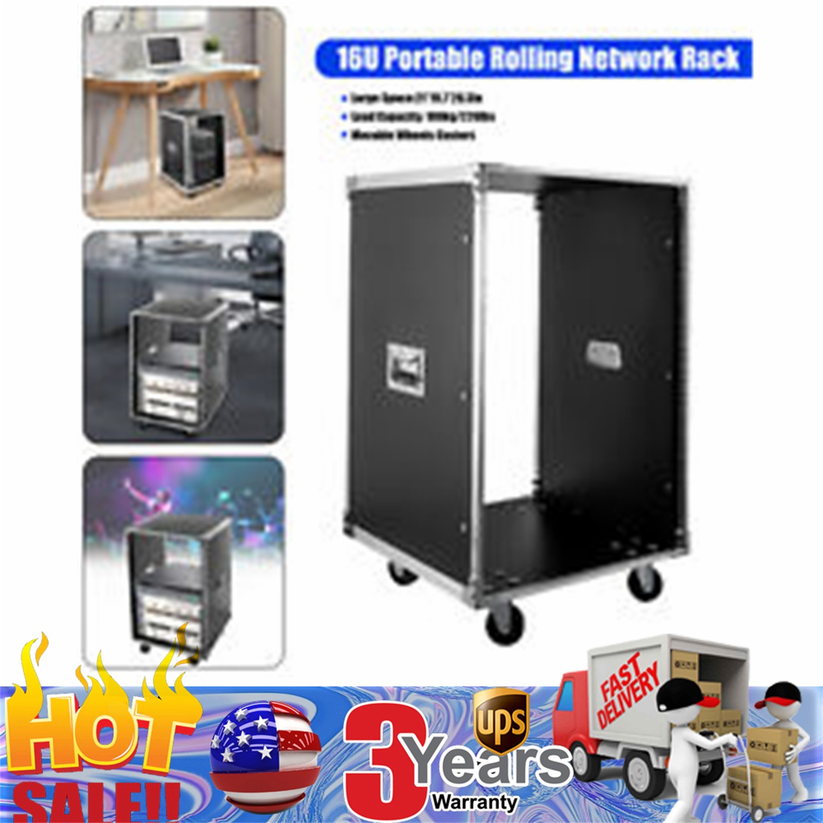 16U Server Rack Open Frame Rolling Network Data Rack 19 inch w/ Casters 4 Post