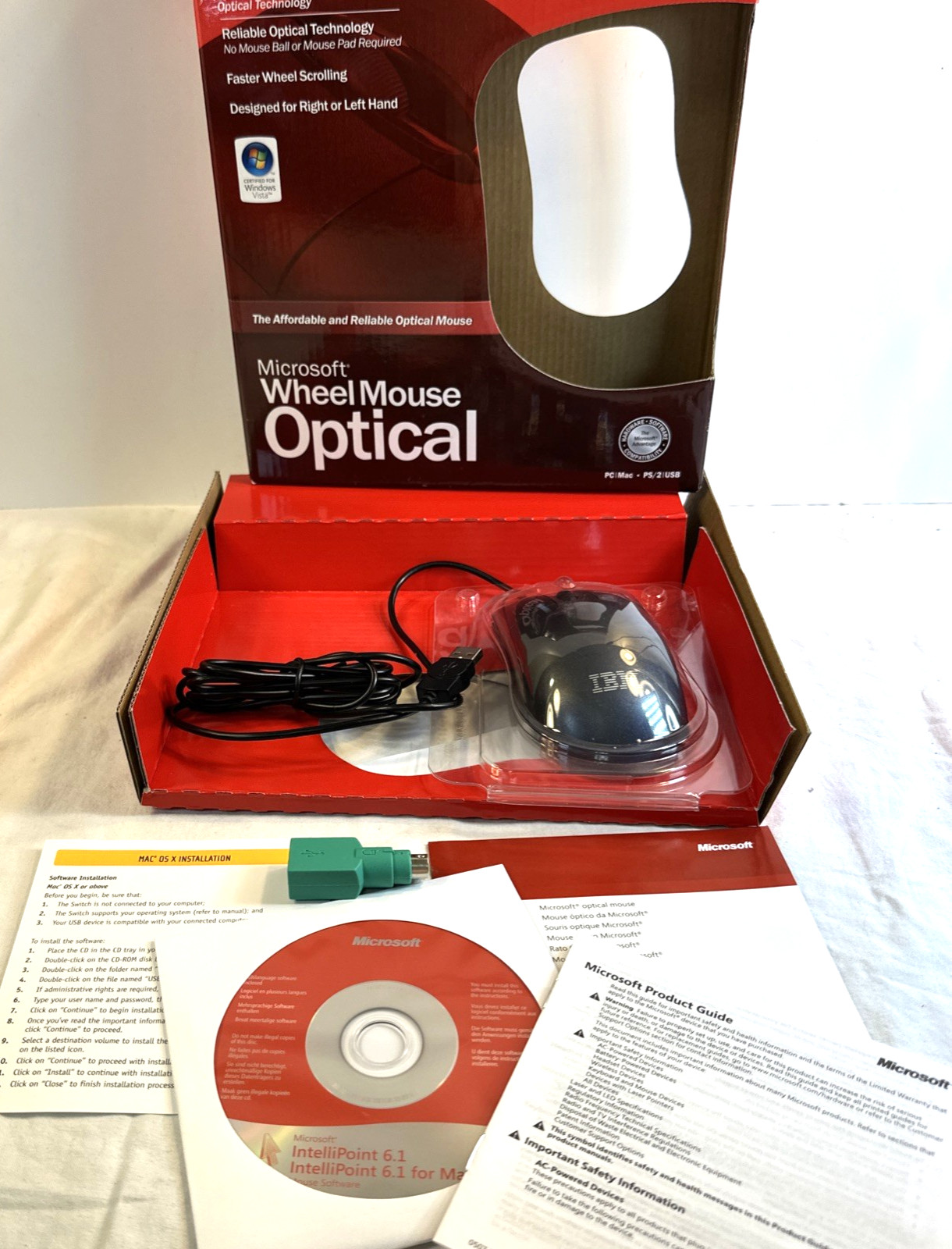 Vintage IBM Microsoft Wheel Mouse Optical Black D66-00069 Sealed Clamshell CIB