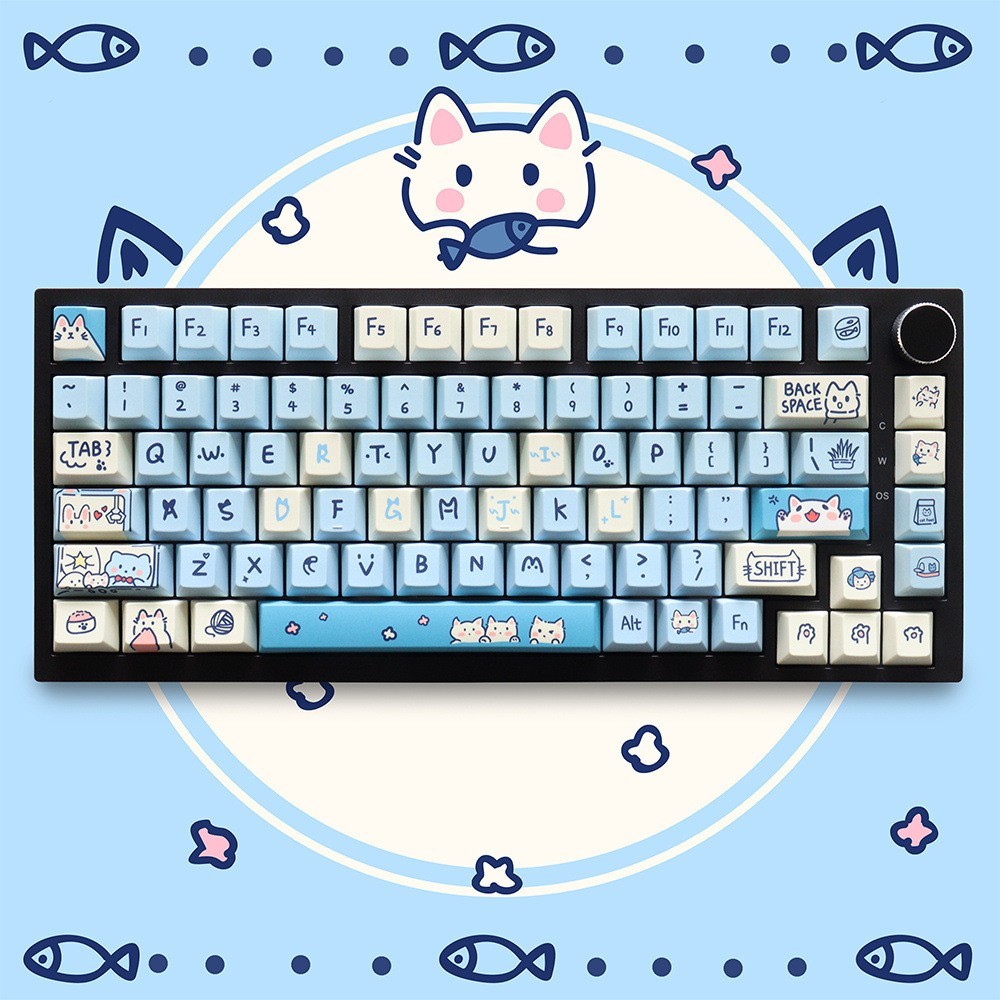 Cloudy Blue Kitties Keycap Set PBT 130 Keys Custom Keycaps for MX Keyboard