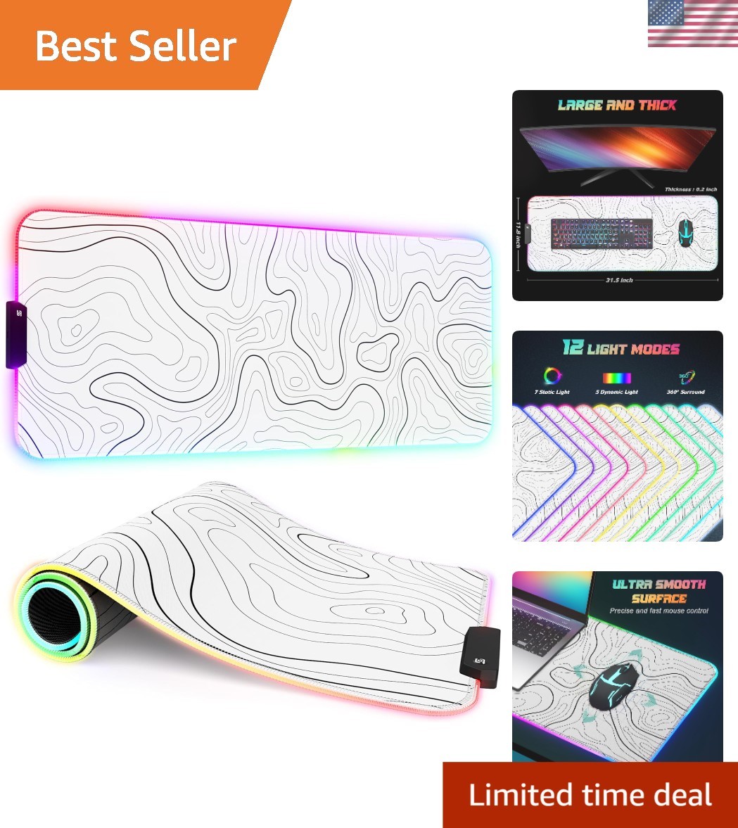 Topographic White RGB Gaming Mouse Mat - Extra Thick, Stable Base 32x12