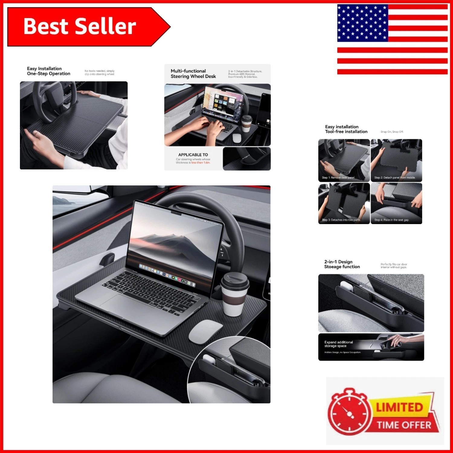 Space-Saving 2-in-1 Car Desk Tray & Organizer - Fits Standard Steering Wheels