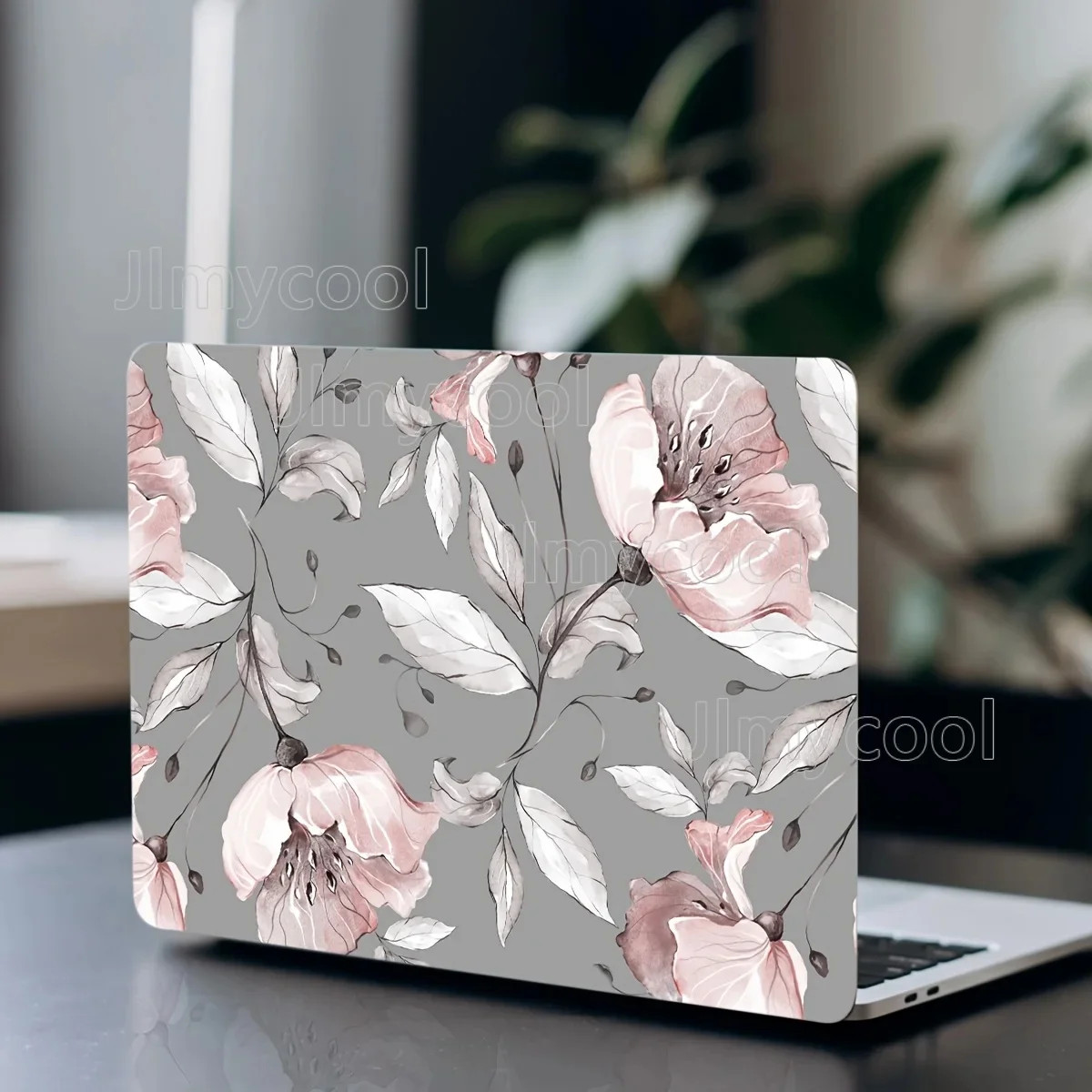 Laptop Cover Elegant Pink Flower Design with Green Leaves Decor for Ladies 