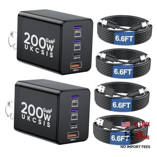 200W USB C Charger Block, Foldable 4-Port GaN5 Super Fast Charger 2 Pack Black
