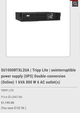 Tripp Lite SU1000RTXL2UA Online UPS 1kVA 800W Rack 6 Outlets picture