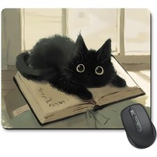 Whimsical Black Cat Mouse Pad: Book Lover Desk Accessory for Cozy Home Office picture