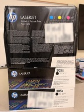 Genuine HP LaserJet toner lot, five cartridges in three packages. picture