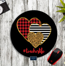 TEACHER LIFE HEARTS CUSTOM BLACK ROUND MOUSE PAD DESK MAT COMPUTER SCHOOL GIFT picture