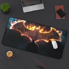 Flaming Batman Symbol Desk Mat | Dark Silhouette Gaming Mousepad picture