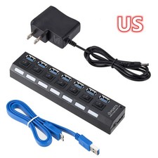 USB 3.0 Hub 7 Port On/Off Switch High Speed Splitter AC Adapter Cable PC Laptop picture