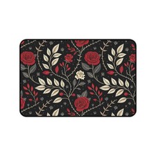 Red Rose Floral Desk Mat | Black Vintage Botanical Deskpad Mousepad picture