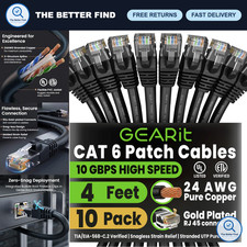 10-Pack Cat 6 Ethernet Cables 4ft - High-Speed Network Patch Cords, Black picture