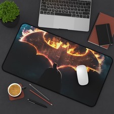 Flaming Batman Symbol Desk Mat | Dark Silhouette Gaming Mousepad picture
