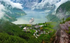 Landscape norway nature river lake ship cruise clouds Custom Gaming Mat Desk picture