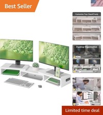 Wooden Dual Monitor Stand with Storage & Cable Management - Elegant White Finish picture