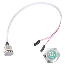 Chassis Metal Button 16mm Power Symbol Green LED Power Button 30cm Wire, Silver picture