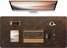 YSAGi 35.4x17 Real Leather Desk Mat 2mm Dark Brown Stitched Office Mouse Pad picture