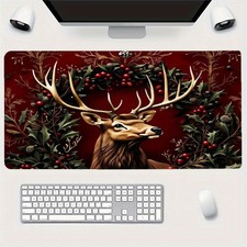 Festive Christmas Desk Mat – Elegant Red Deer Design with Golden Antlers, Perf picture