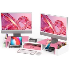 Desk Dual Monitor Stand Riser with Drawer, Pink picture