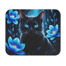 Mystical Black Cat Mouse Pad - Vibrant Floral Blue Art, Desk Accessory picture