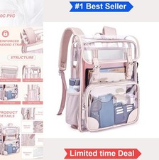 Clear Backpack 17 Inch PVC Water Resistant Pink Laptop Sleeve Padded Straps picture