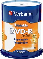 100 VERBATIM DVD-R 16X 4.7GB Life Series White Inkjet Printable Spindle 98491 picture