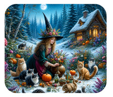 Cozy Witch Cats Mouse Pad Moonlit Cottage Pumpkins Floral Halloween 9x7 picture