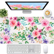 Leather Desk Pad, Pink Floral Desk Matt for Desktop, Girls Waterproof Large K... picture