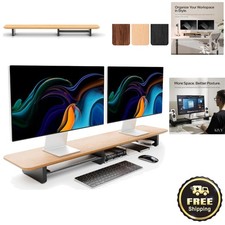 Elegant Oak Dual Monitor Riser with Integrated Metal Shelf - Ergonomic Design picture