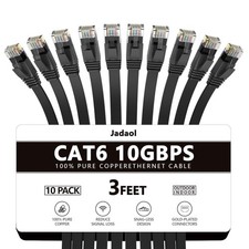 10 PCS 3 FT Black Cat 6 Flat Ethernet Cable Snagless RJ45 Network LAN Cord picture