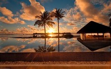 Landscape sunlight palm trees sky bungalow sea swimming Custom Gaming Mat Desk picture
