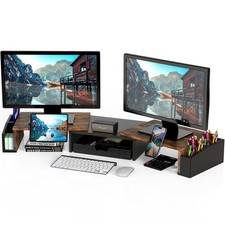 Simple Houseware Desk Dual Monitor Stand Riser with Drawer, Rustic Brown picture