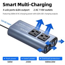 500W 12V to 110V Power Inverter USB Ports Car RV Camping Truck Charger picture