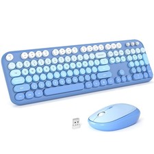 Blue Gradient Rainbow Wireless Keyboard Mouse Combo Retro Round Keycap Laptop picture