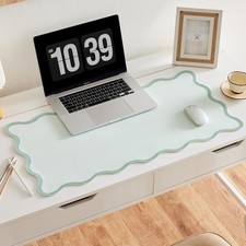 Sage Green Scalloped Desk Mat PU Leather Waterproof Pad 31.5x15.7 Inch picture