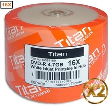 100-Pak 16X Titan White Inkjet Hub DVD-R's in Shrinkwrap  2 x 50-Pak picture