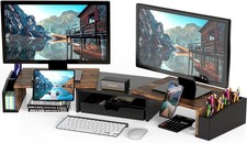 Simple Houseware Desk Dual Monitor Stand Riser with Drawer, Rustic Brown picture