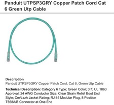PANDUIT UTPSP3GRY CAT6 Green 3’ Patch Cord 568B 24AWG picture