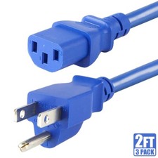3x 2FT 18AWG Power Cord Cable NEMA 5-15P to IEC 60320 C13 10A PC Monitor Blue picture