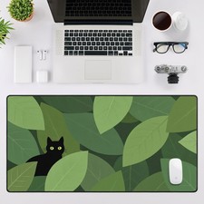 Cute Cat Mousepad | Black Kitten in Green Leaves Botanical Theme Large Desk Mat picture