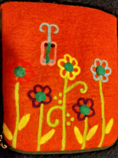 Felted Wool Embroidered IPAD or Tablet Bag Burnt Orange Daisies Boho 9 x 11 picture