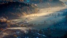 Landscape mist morning village forest fall field Custom Gaming Mat Desk picture