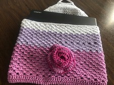 Handmade Crochet Laptop Sleeve Bag Cover Multicolor Lined Button Closure 14”x11” picture