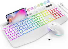 Wireless Keyboard Mouse Combo White RGB Backlit Wrist Rest Phone Holder picture