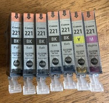 7 Genuine Canon 221 Ink Cartridges (1)Magenta (1)Yellow (5)Black Open Box Sealed picture