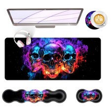 4 PCS Large Keyboard Mouse Pad Set Extended Wrist Rest Memory Foam Smoke Skulls picture