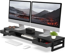 Fenge Dual Monitor Stand Riser, 42.5In Desk Shelf with 2 Drawers, Black picture